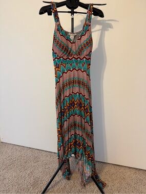 American Rag Teal, Burgundy and Mustard Chevron High-Low Maxi Dress